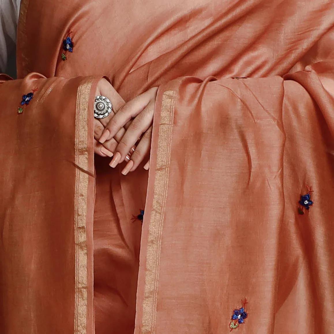 Orange - Kashidakari Hand Embroidered Chanderi Silk Handloom Dupatta with Zari Border