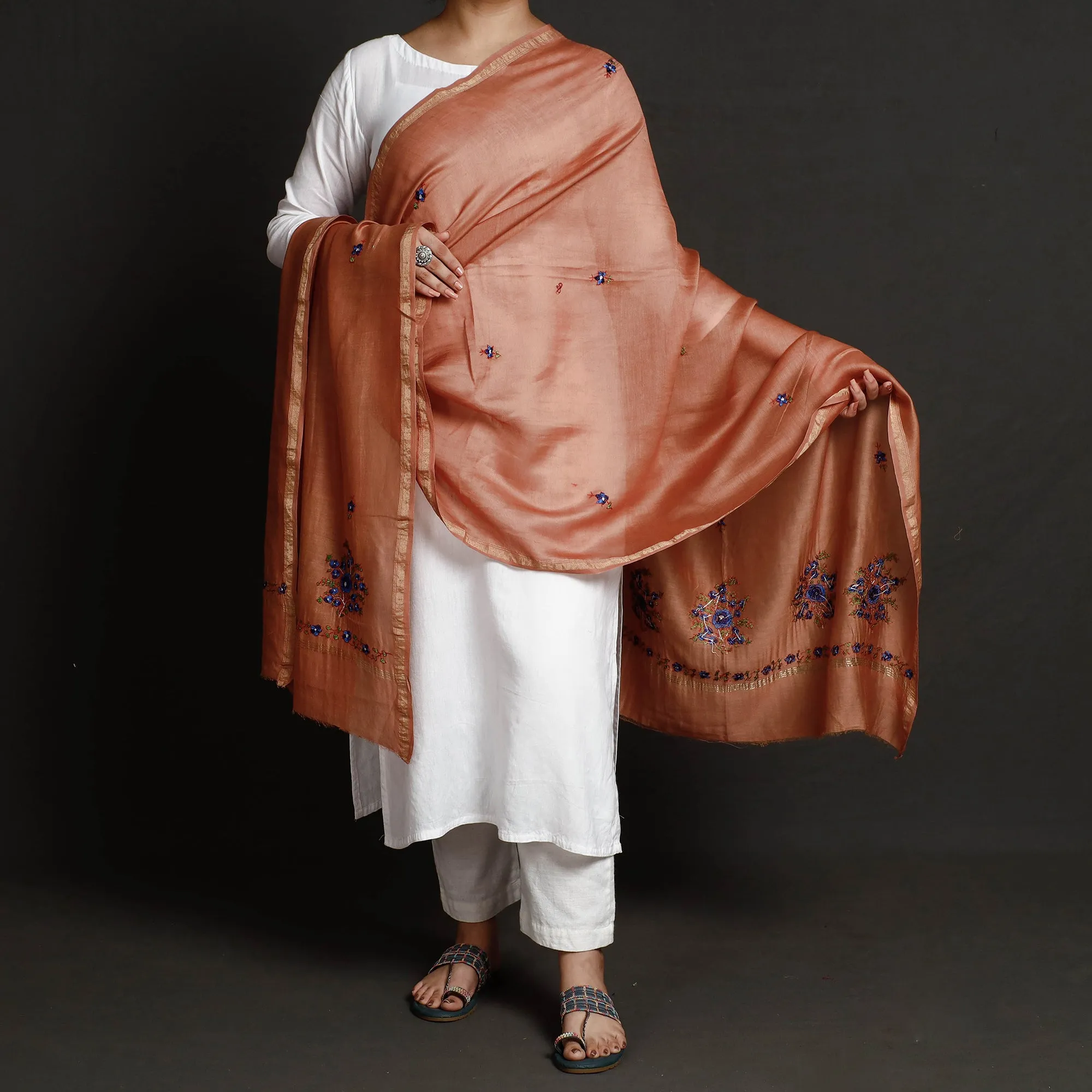 Orange - Kashidakari Hand Embroidered Chanderi Silk Handloom Dupatta with Zari Border