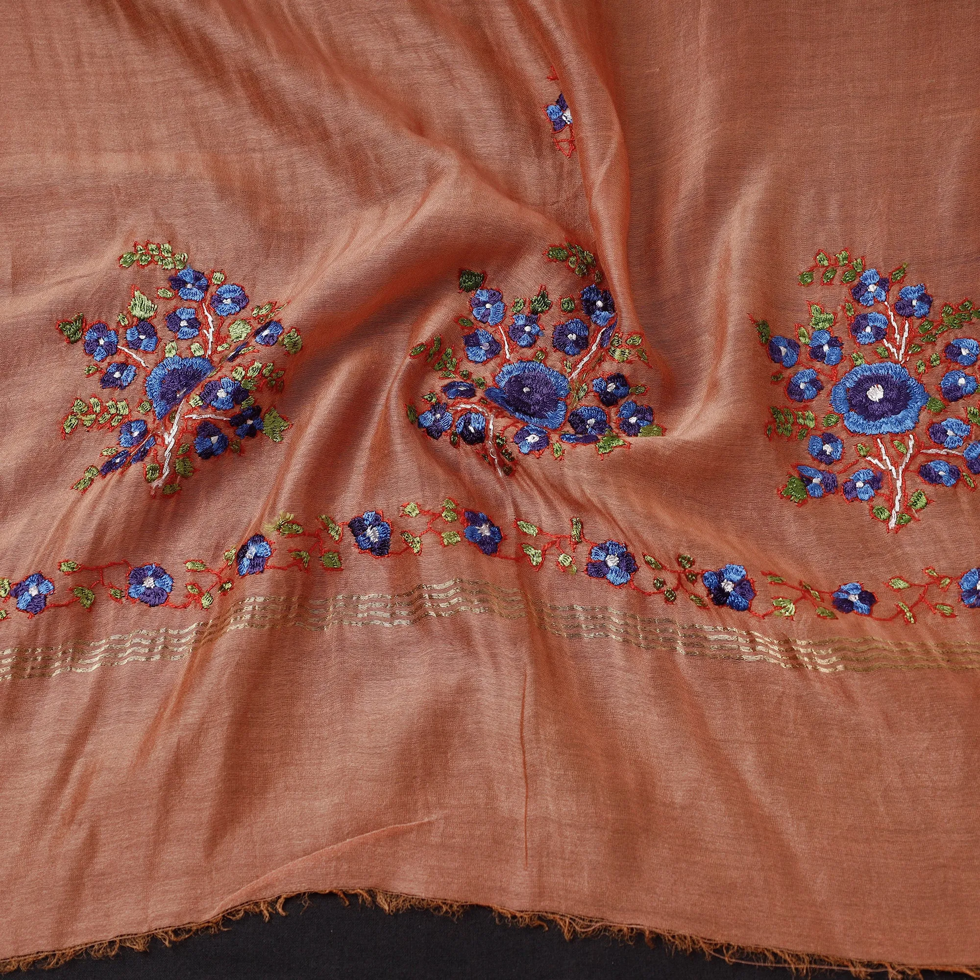 Orange - Kashidakari Hand Embroidered Chanderi Silk Handloom Dupatta with Zari Border