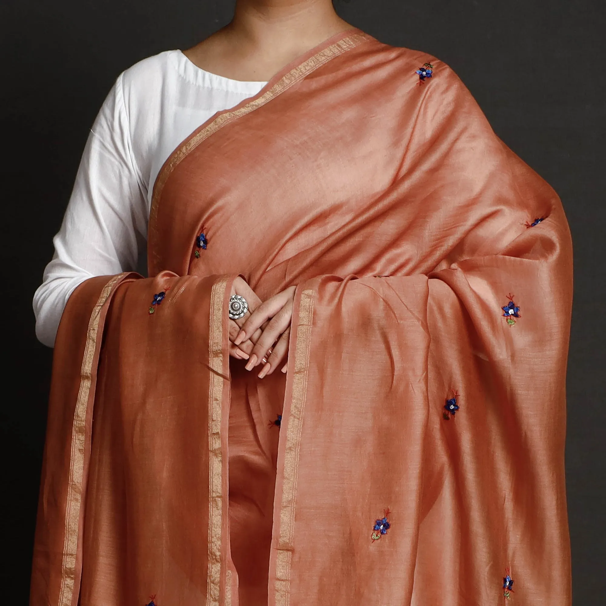 Orange - Kashidakari Hand Embroidered Chanderi Silk Handloom Dupatta with Zari Border