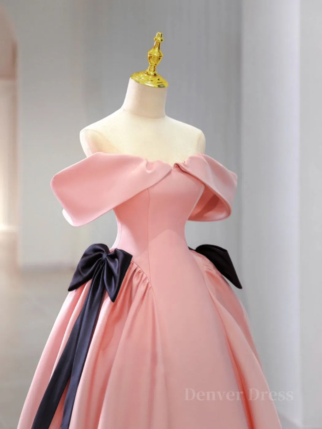 Pink A-Line Satin Off Shoulder Long Prom Dress Pink Formal Evening Dresses