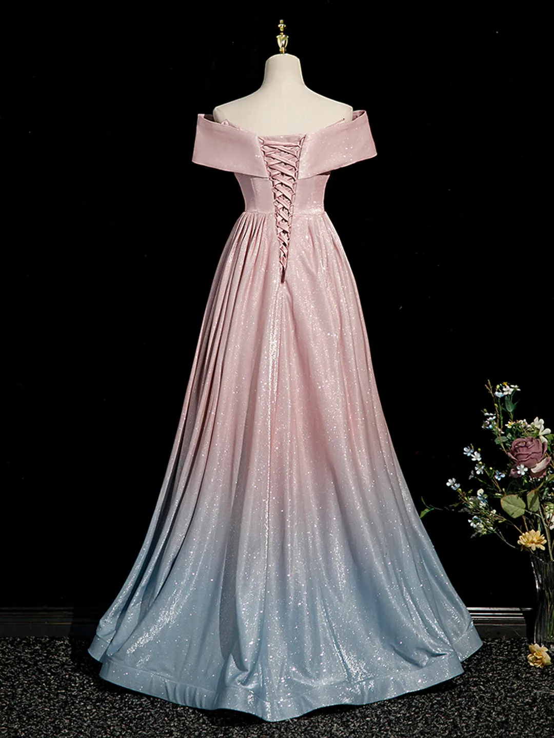 Pink Gradient Shiny Floor Length Prom Dress Off Shoulder A-Line Evening Party Dress