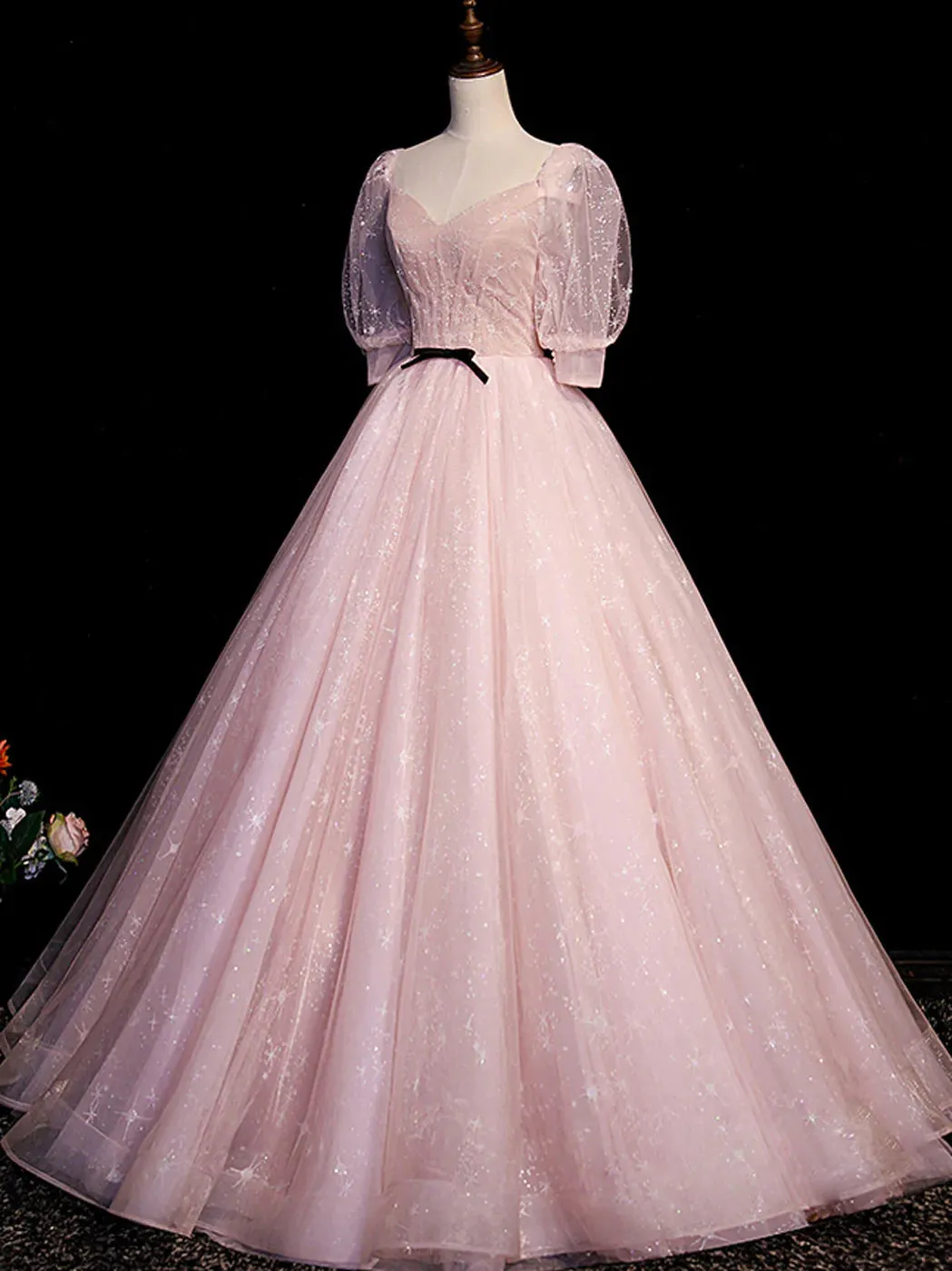 Pink Tulle Short Sleeves Ball Gown Long Formal Dresses Pink Evening Dresses