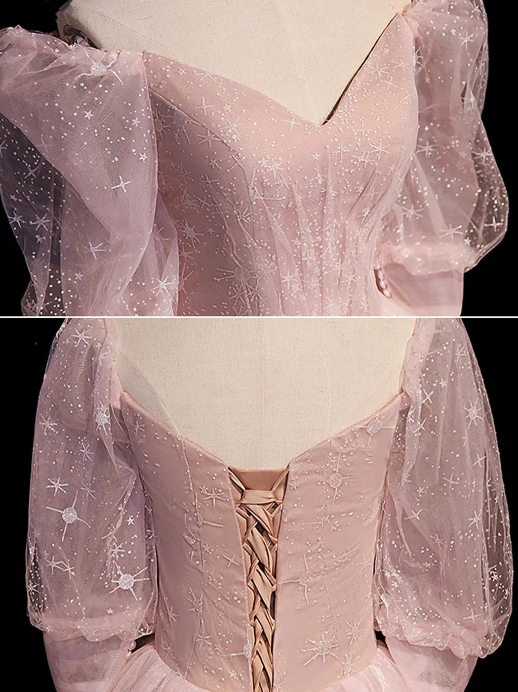 Pink Tulle Short Sleeves Ball Gown Long Formal Dresses Pink Evening Dresses