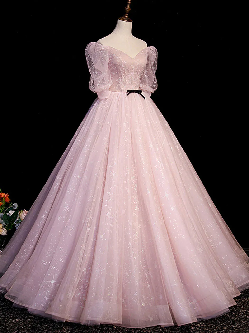 Pink Tulle Short Sleeves Ball Gown Long Formal Dresses Pink Evening Dresses