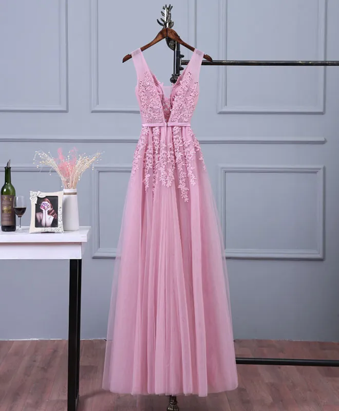 Pink V Neck Lace Tulle Long Prom Dress, Lace Evening Dresses