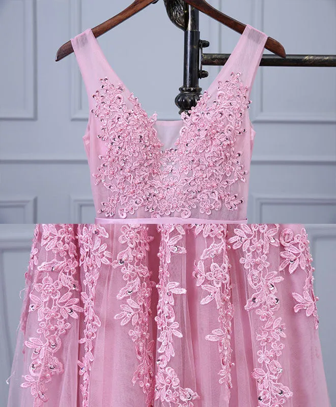 Pink V Neck Lace Tulle Long Prom Dress, Lace Evening Dresses