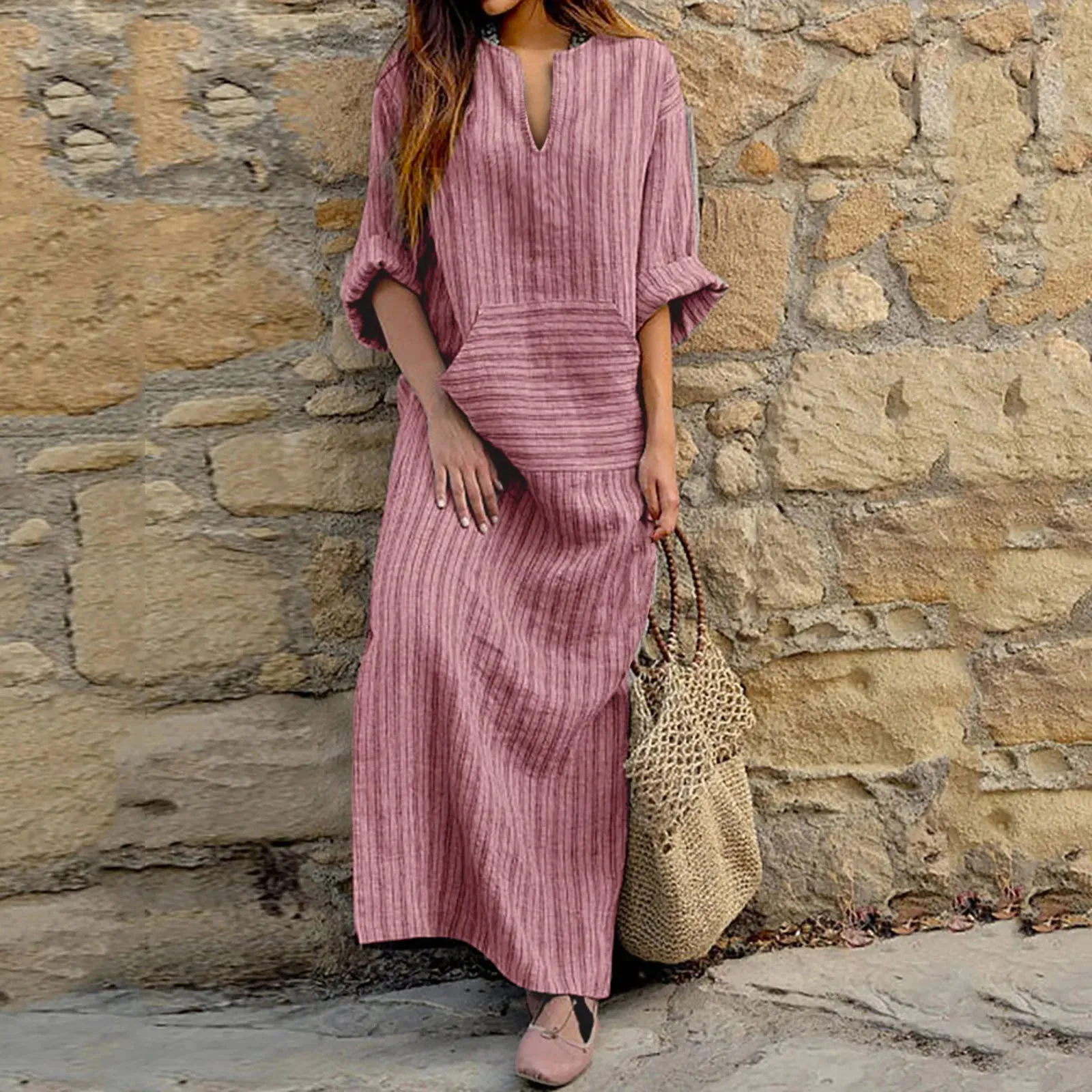 Printed Linen V Long Stripe Summer Spring Long Sleeve Pocket Neck Cotton Loose Casual Dress