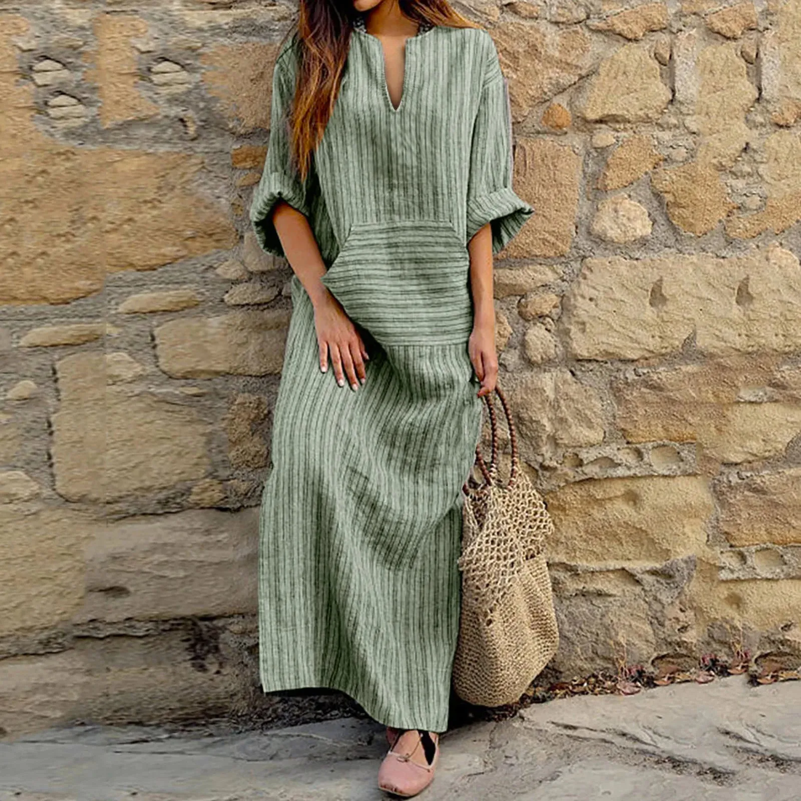 Printed Linen V Long Stripe Summer Spring Long Sleeve Pocket Neck Cotton Loose Casual Dress