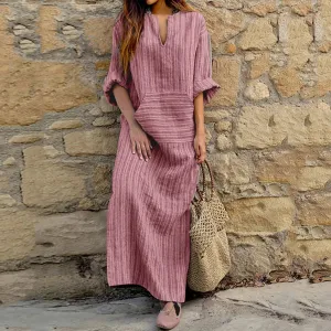 Printed Linen V Long Stripe Summer Spring Long Sleeve Pocket Neck Cotton Loose Casual Dress
