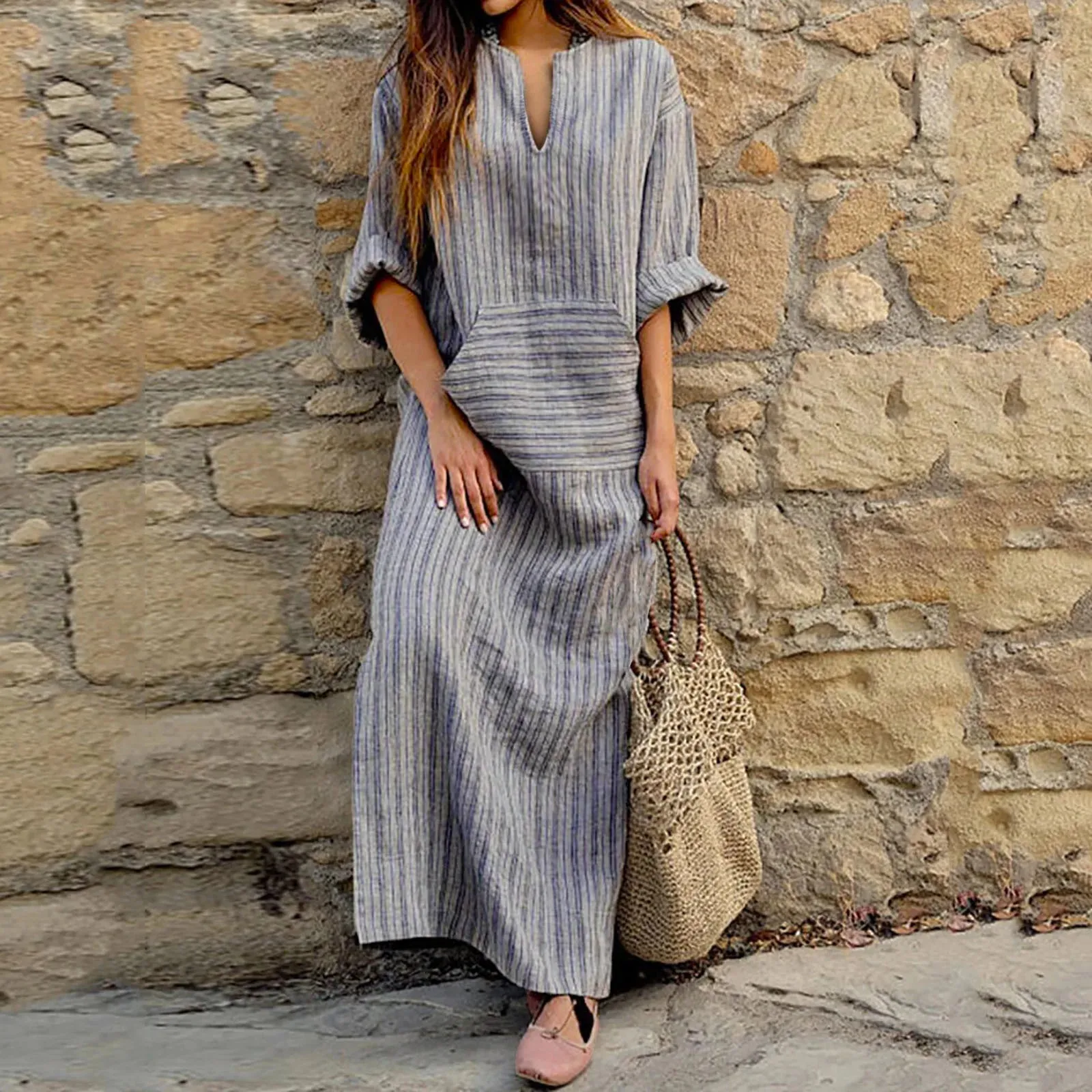 Printed Linen V Long Stripe Summer Spring Long Sleeve Pocket Neck Cotton Loose Casual Dress