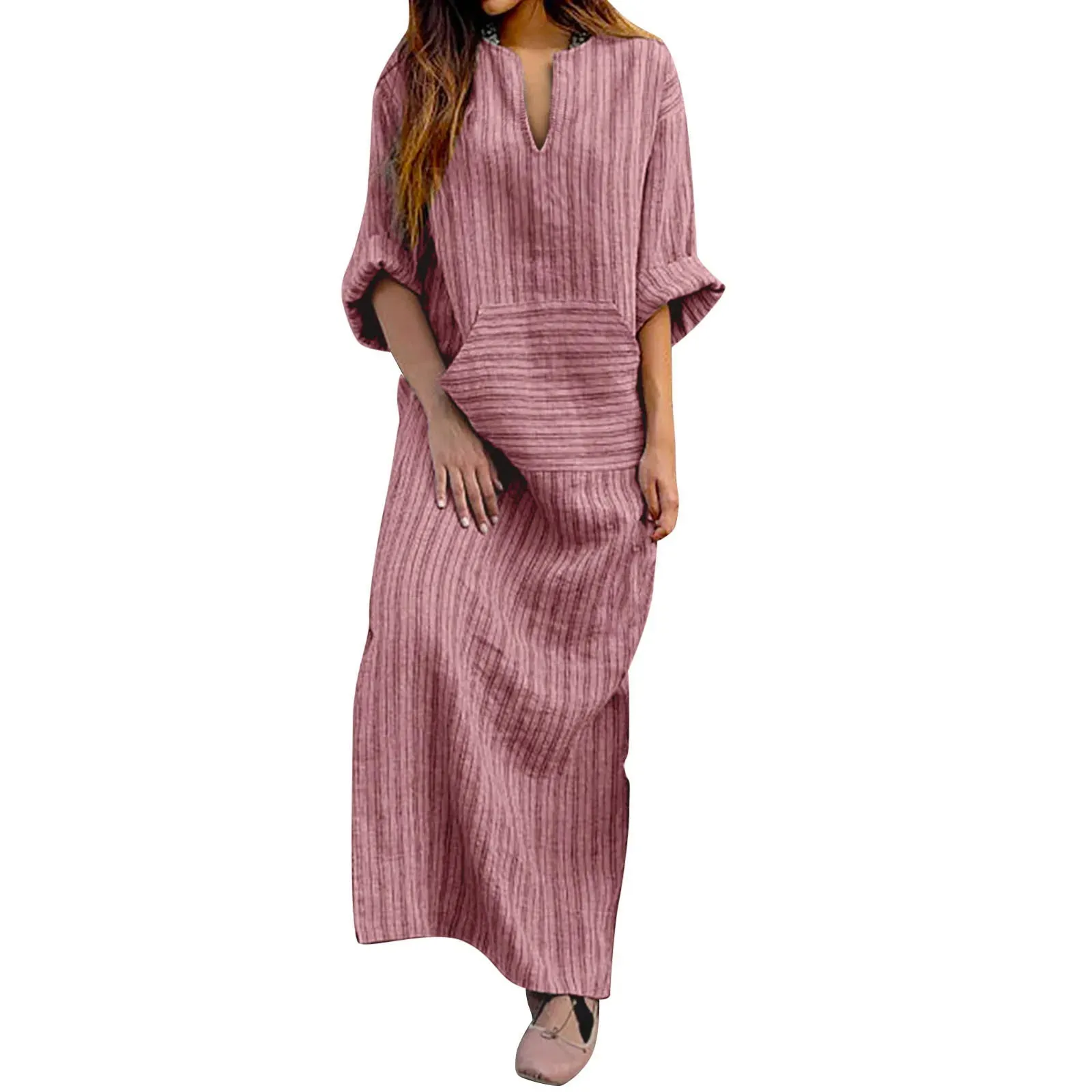 Printed Linen V Long Stripe Summer Spring Long Sleeve Pocket Neck Cotton Loose Casual Dress