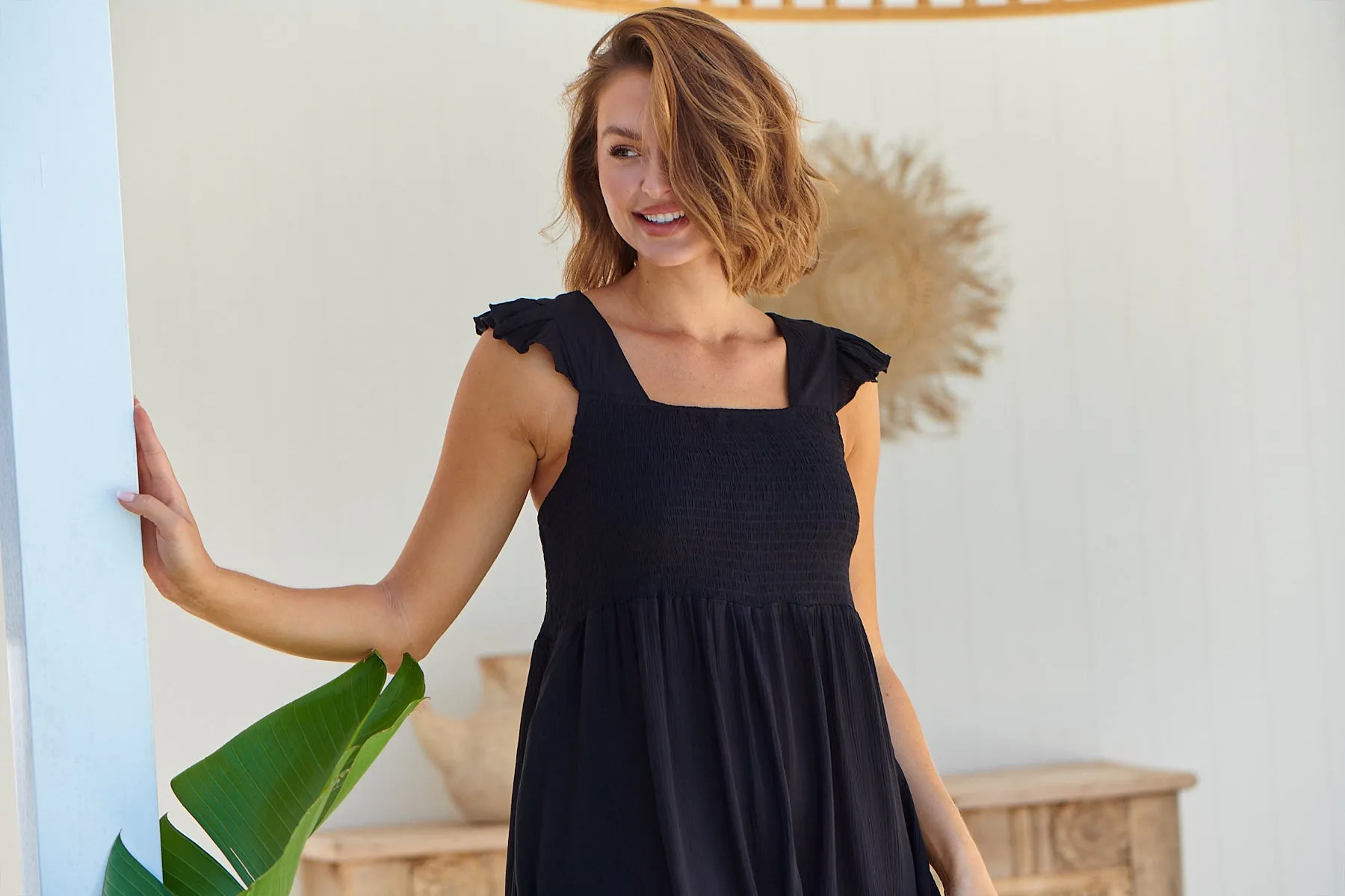 Raquel Frill Shoulder Shirred Bust Black Midi Dress