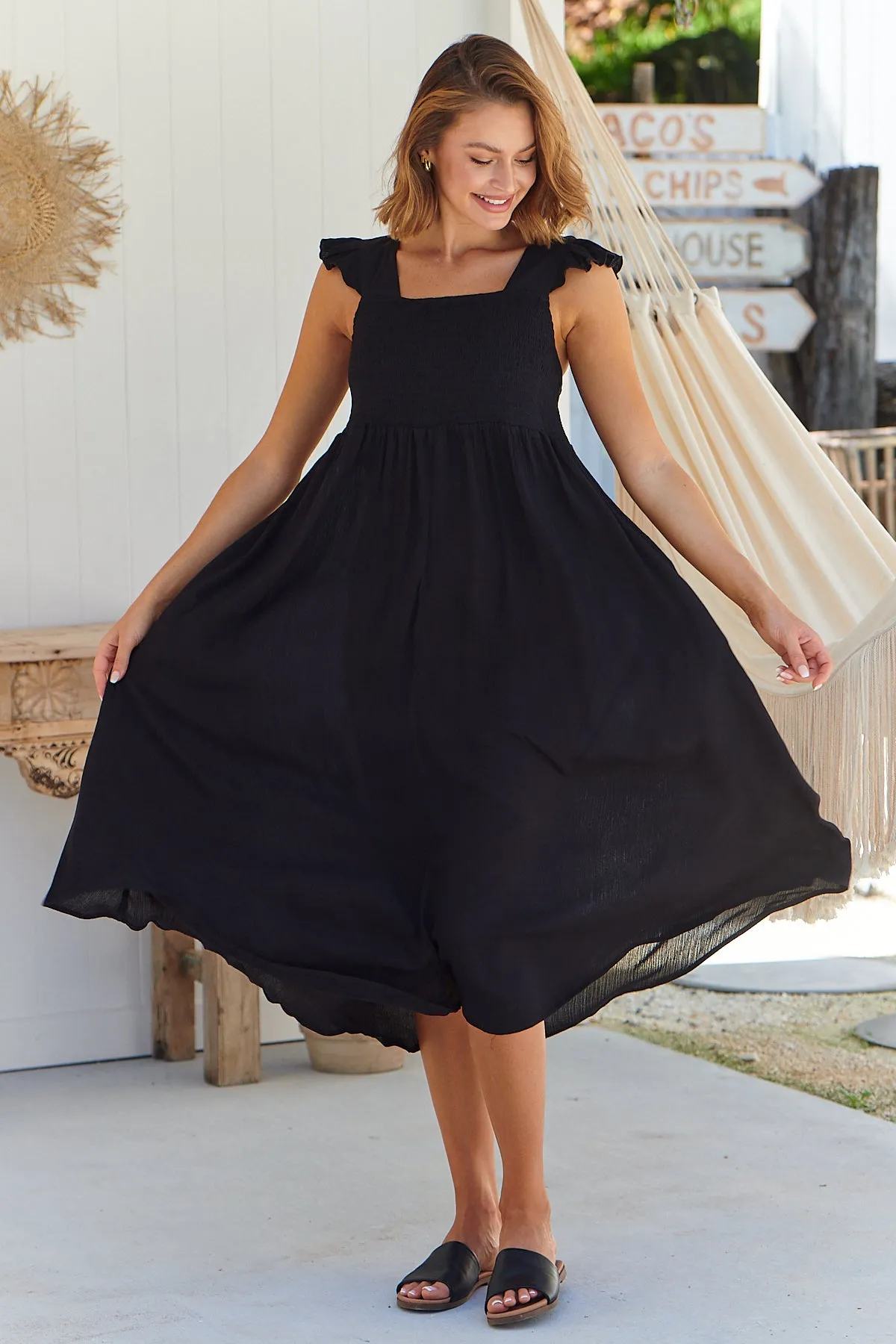 Raquel Frill Shoulder Shirred Bust Black Midi Dress