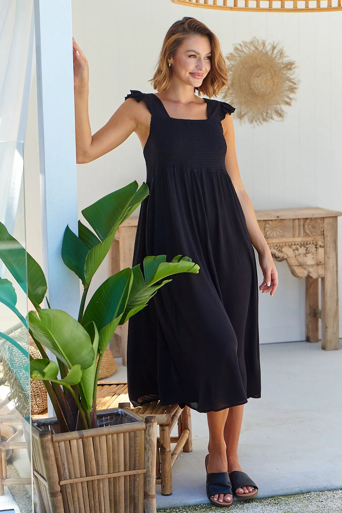 Raquel Frill Shoulder Shirred Bust Black Midi Dress