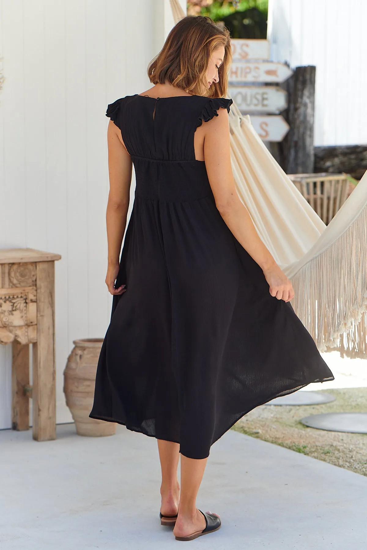 Raquel Frill Shoulder Shirred Bust Black Midi Dress