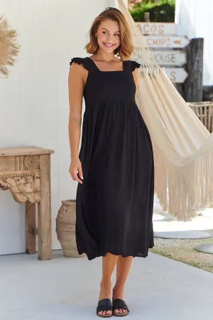 Raquel Frill Shoulder Shirred Bust Black Midi Dress