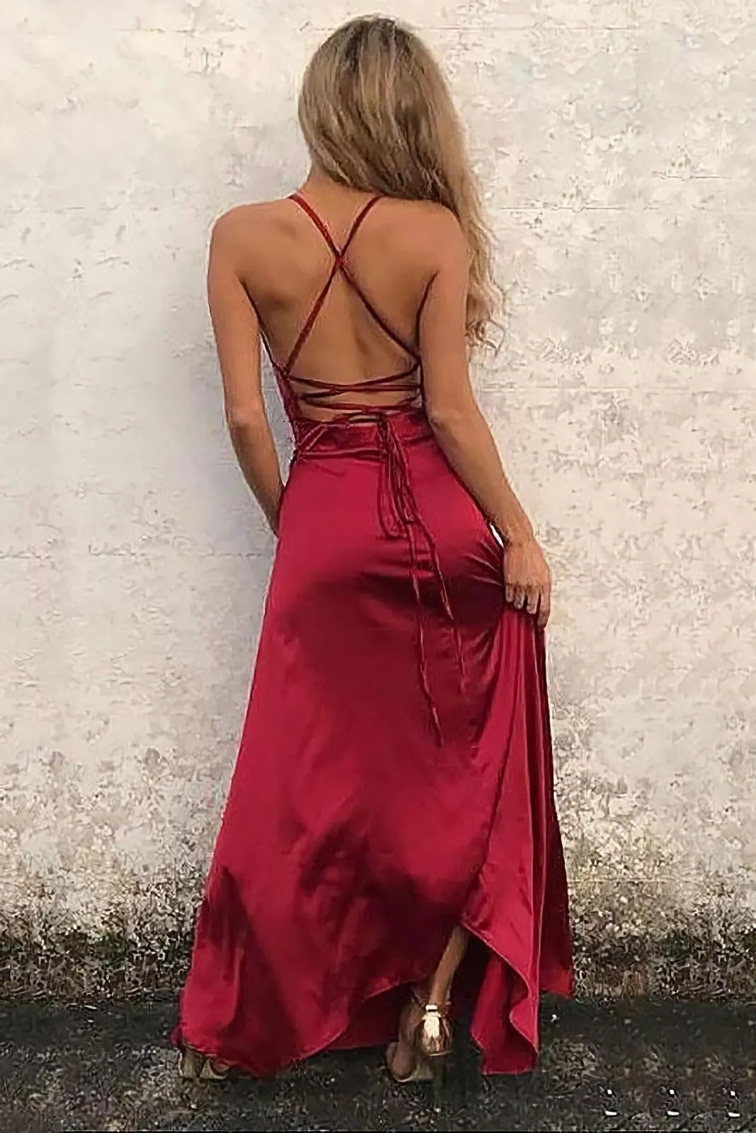 Red A-Line Spaghetti Straps Sleeveless Floor-Length Sexy Slit Prom Dresses
