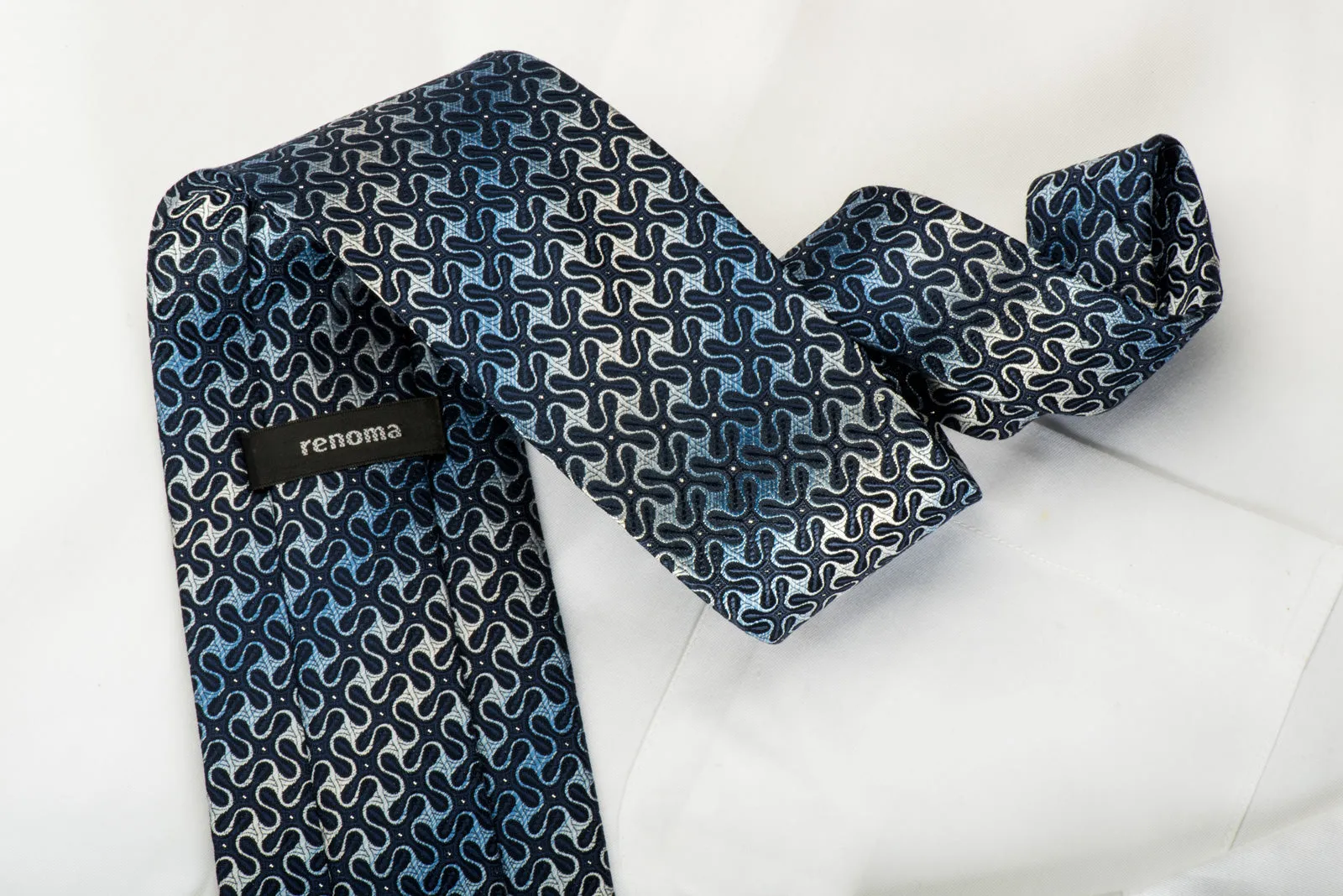 Renoma Silk Necktie Geometric Spirals On Dark Blue With Silver Sparkles