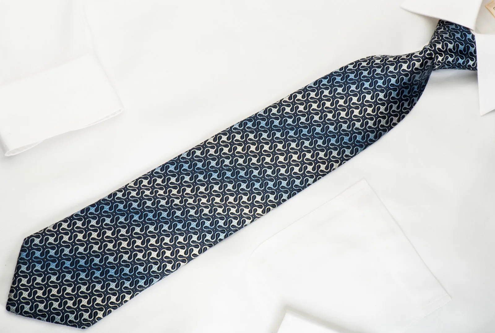 Renoma Silk Necktie Geometric Spirals On Dark Blue With Silver Sparkles
