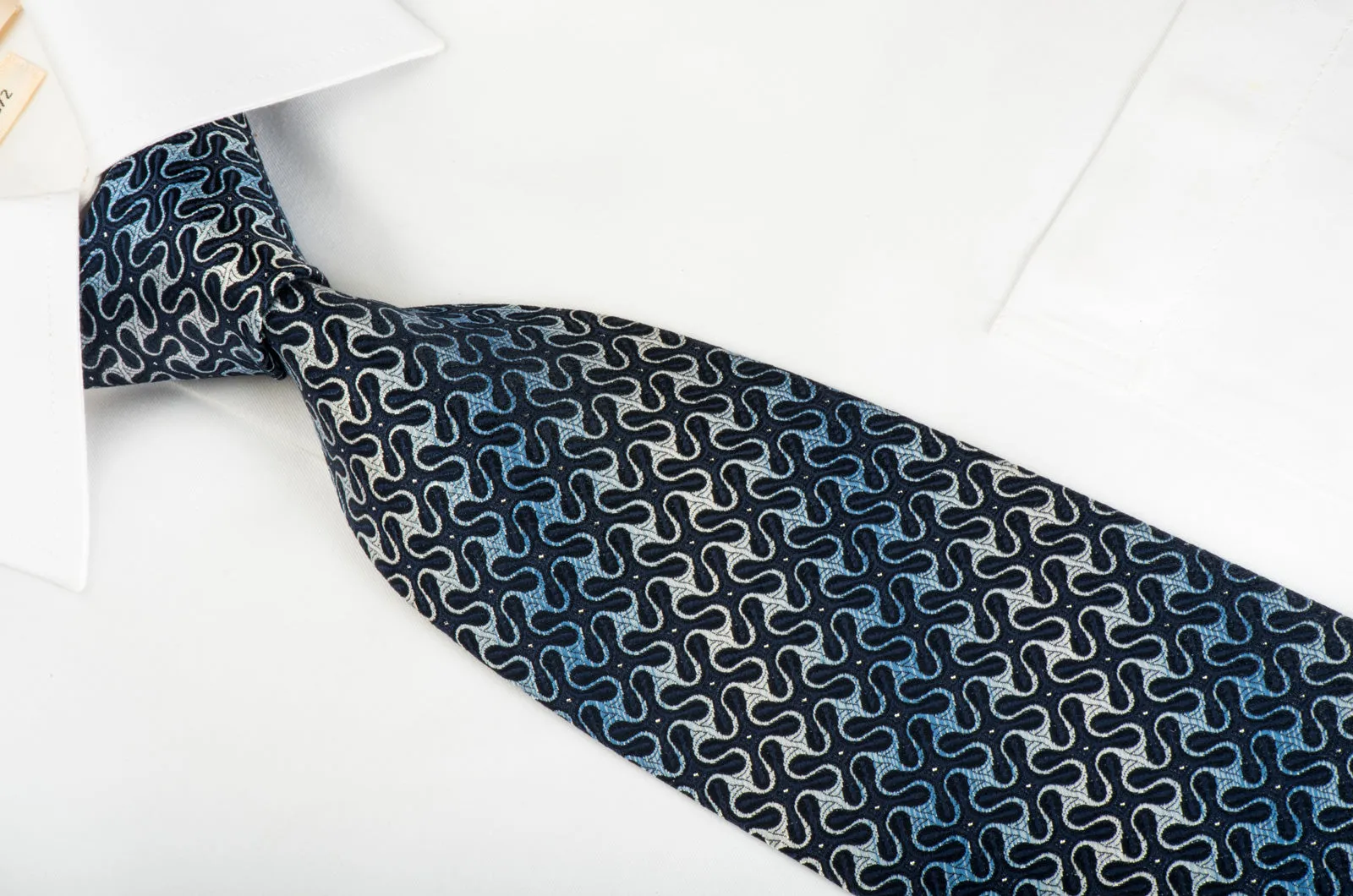 Renoma Silk Necktie Geometric Spirals On Dark Blue With Silver Sparkles