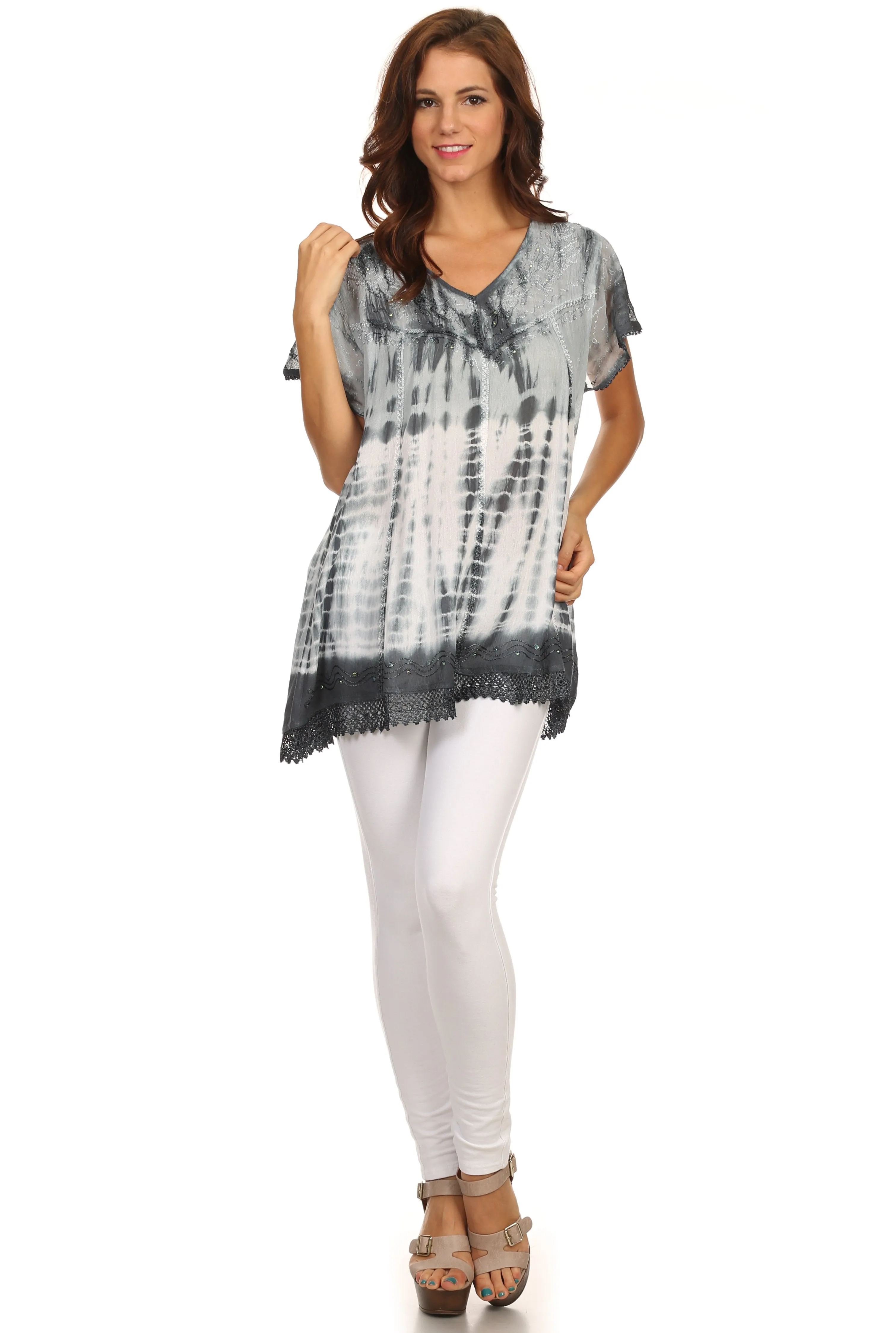 Sakkas Violet Embroidery Tie Dye Sequin Accents Blouse / Top