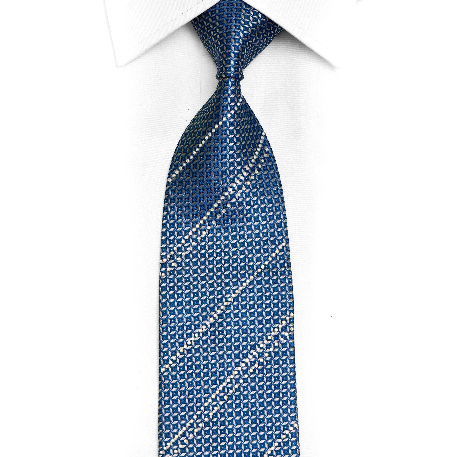 Silver Geometric Trellis On Blue Rhinestone Silk Necktie With Silver Sparkles