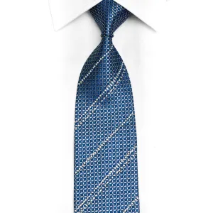 Silver Geometric Trellis On Blue Rhinestone Silk Necktie With Silver Sparkles