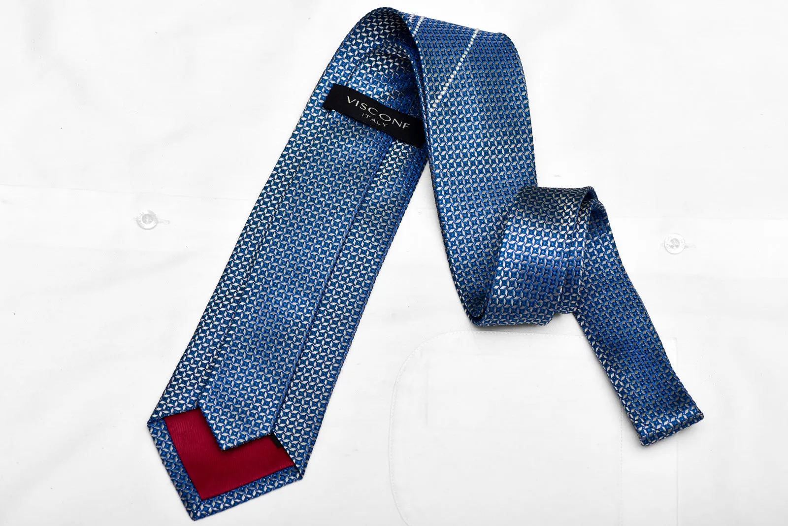 Silver Geometric Trellis On Blue Rhinestone Silk Necktie With Silver Sparkles