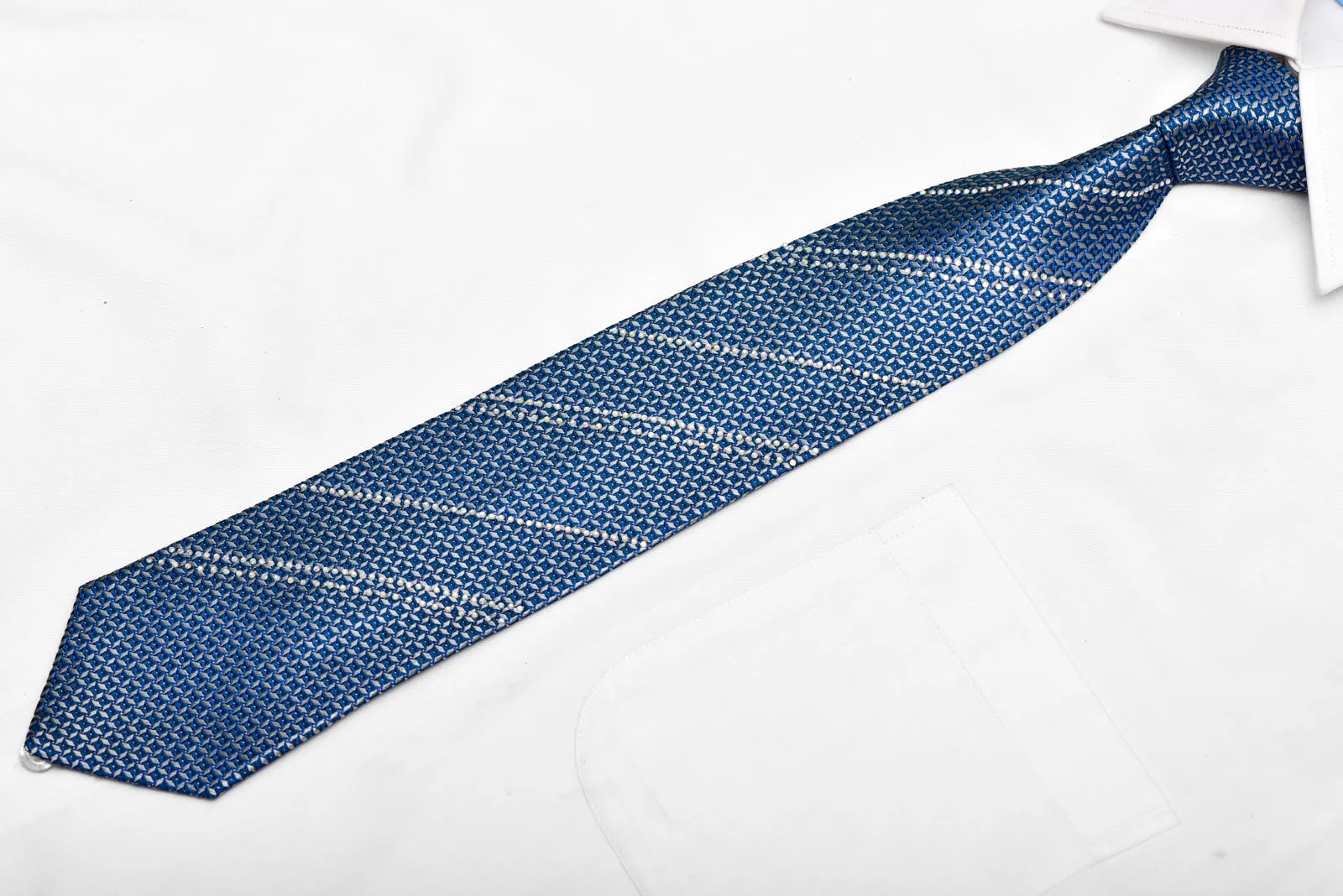 Silver Geometric Trellis On Blue Rhinestone Silk Necktie With Silver Sparkles