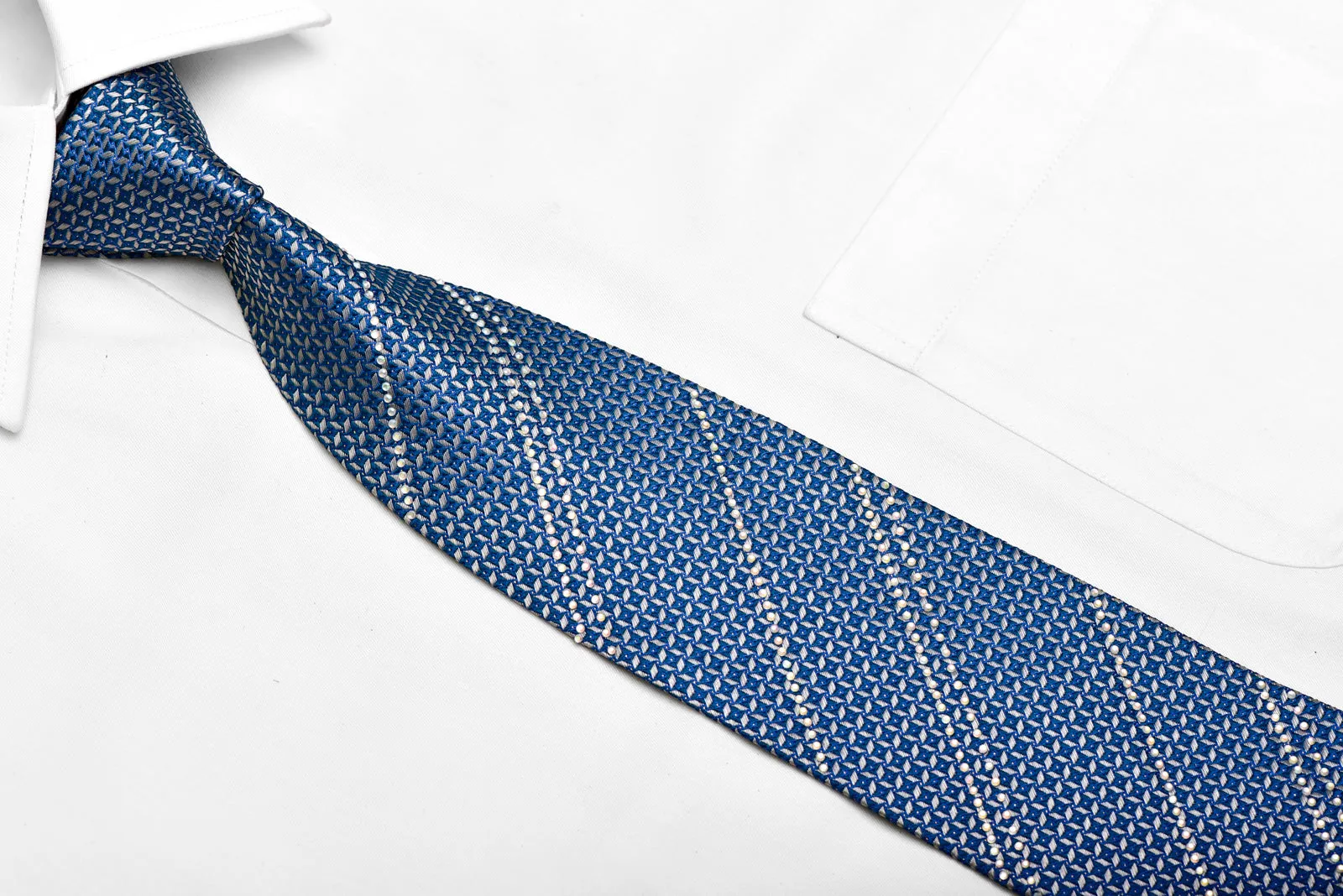Silver Geometric Trellis On Blue Rhinestone Silk Necktie With Silver Sparkles