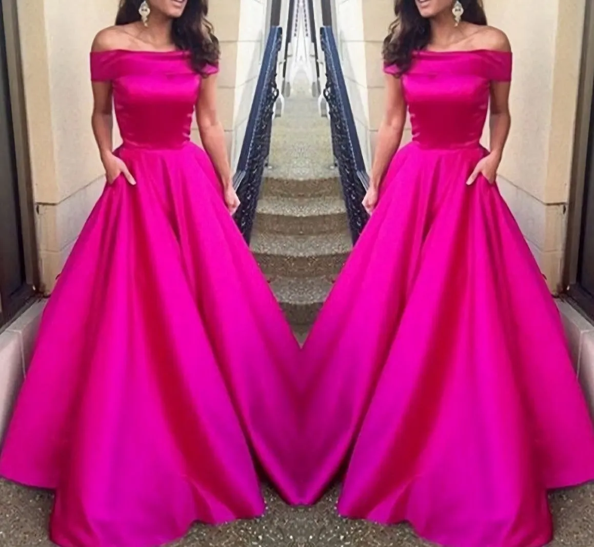 Simple Hot Pink Off The Shoulder Sexy Long With Pocket Communication Prom Dresses