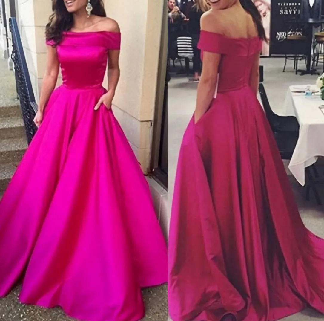 Simple Hot Pink Off The Shoulder Sexy Long With Pocket Communication Prom Dresses