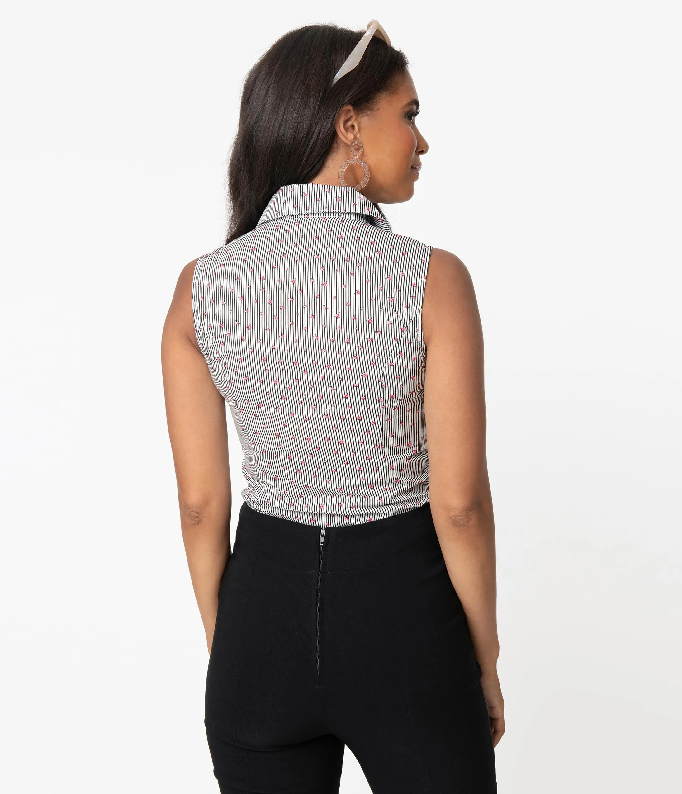 Smak Parlour Black & White Stripe Floral Sleeveless Go-Getter Blouse
