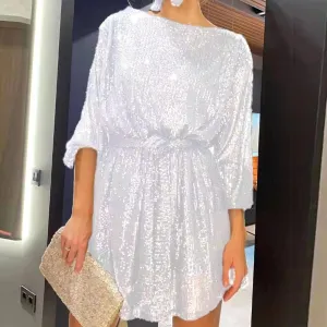 Summer Colour Round Tie Elegant Short Solid Waisted Sleeve Neck Sequins Long Dress