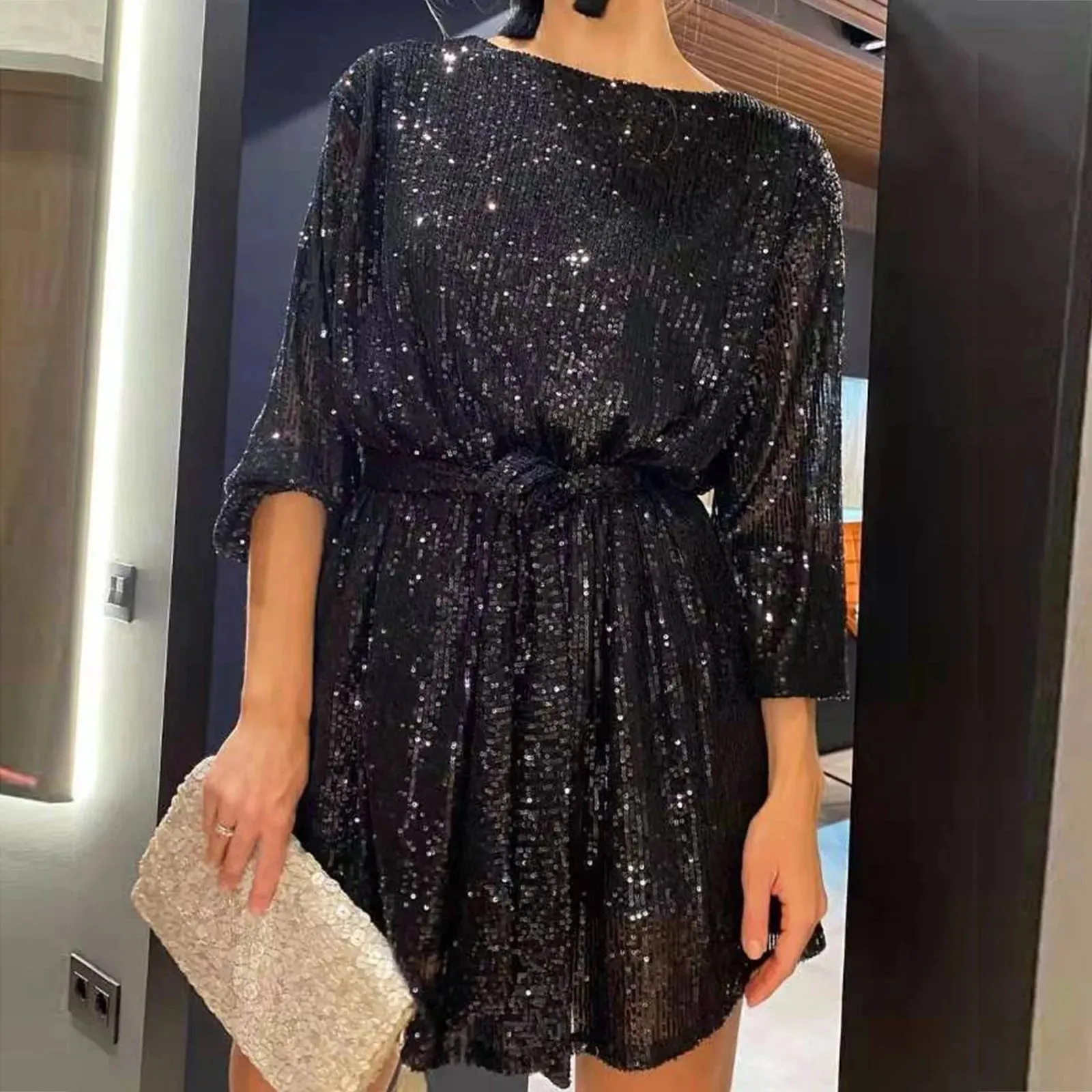 Summer Colour Round Tie Elegant Short Solid Waisted Sleeve Neck Sequins Long Dress
