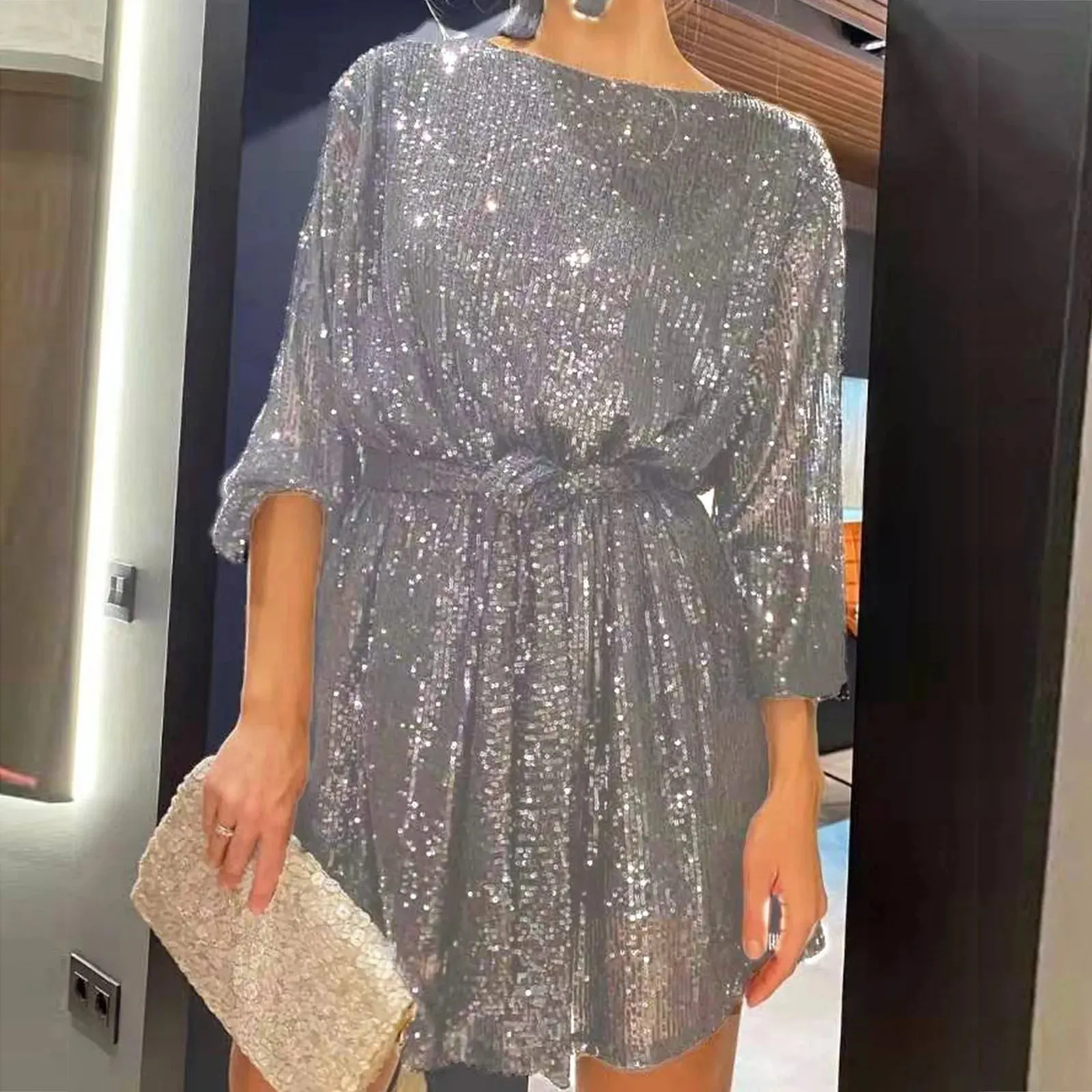 Summer Colour Round Tie Elegant Short Solid Waisted Sleeve Neck Sequins Long Dress