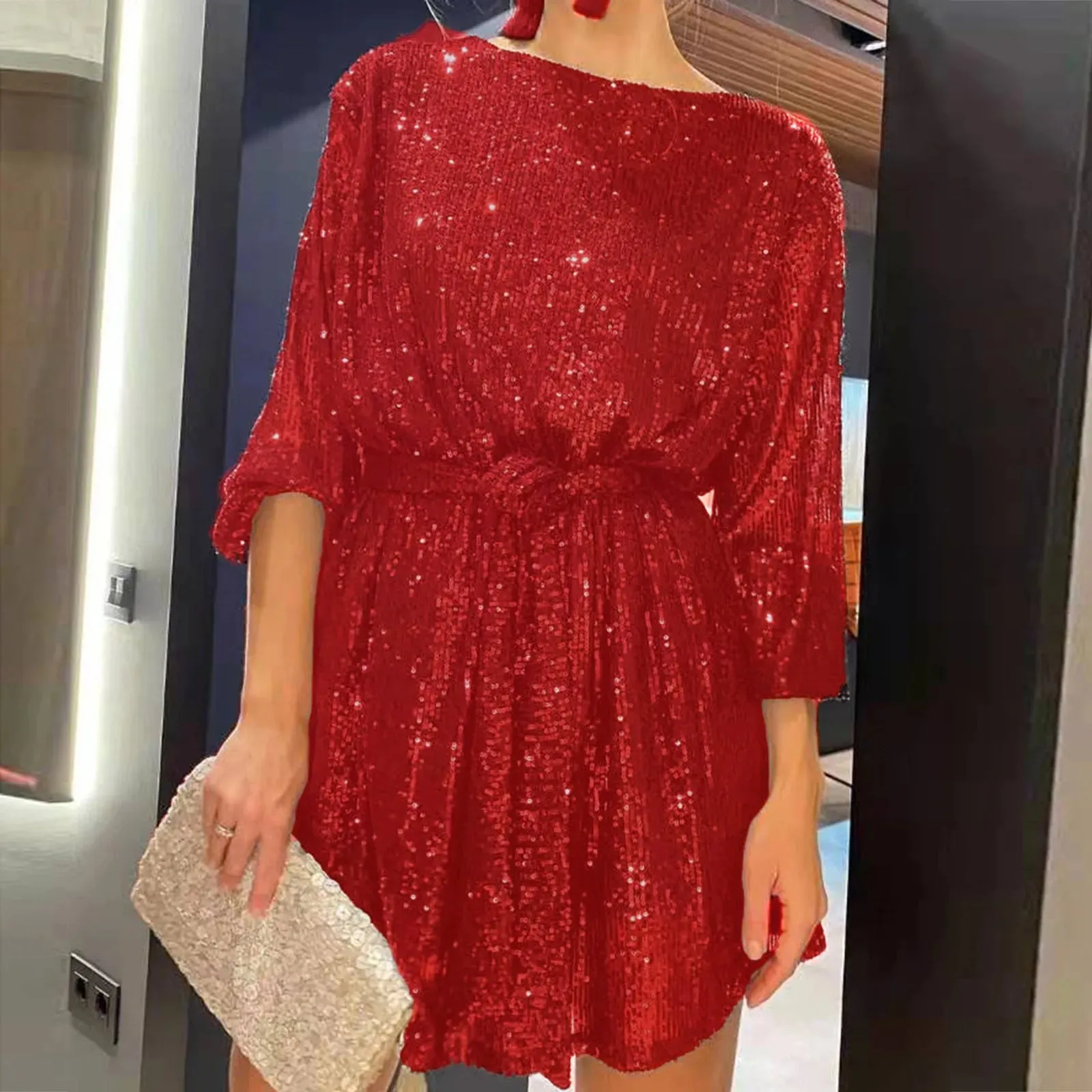 Summer Colour Round Tie Elegant Short Solid Waisted Sleeve Neck Sequins Long Dress