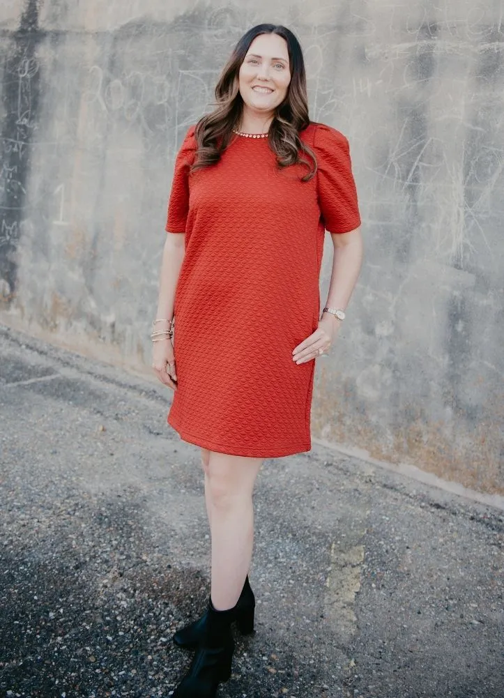 Textured Mini Dress with Rhinestone Neck Detail in Red by Entro