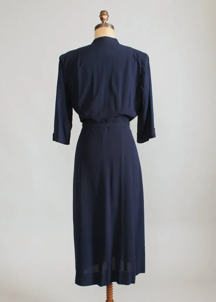 Vintage 1940s Sensibly Young Navy Rayon Day Dress
