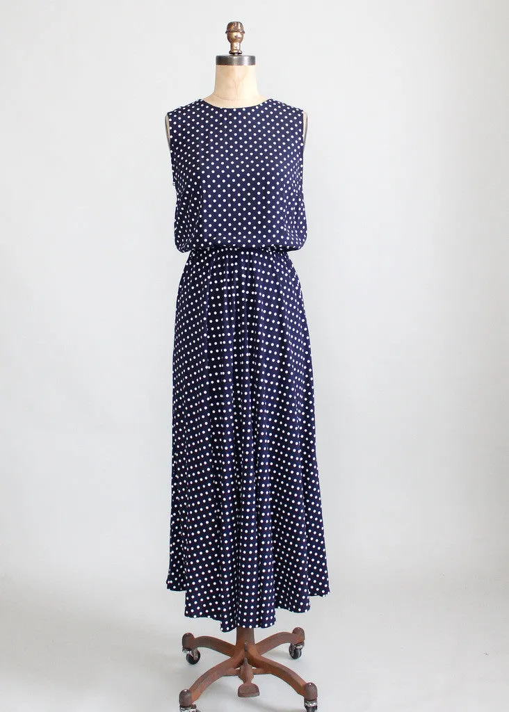 Vintage 1980s Navy and White Polka Dot Day Dress