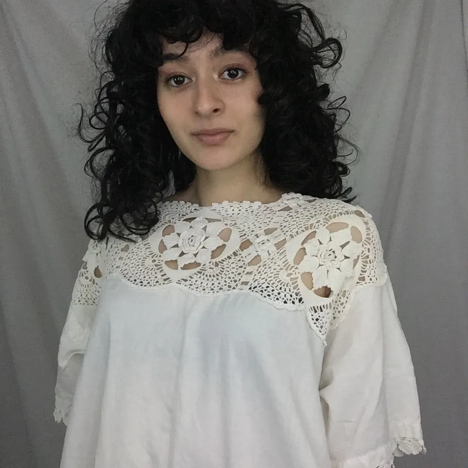 Vintage 70s | White Mexican Hippie Cotton Boho Hippie Crochet Dress | Free Size