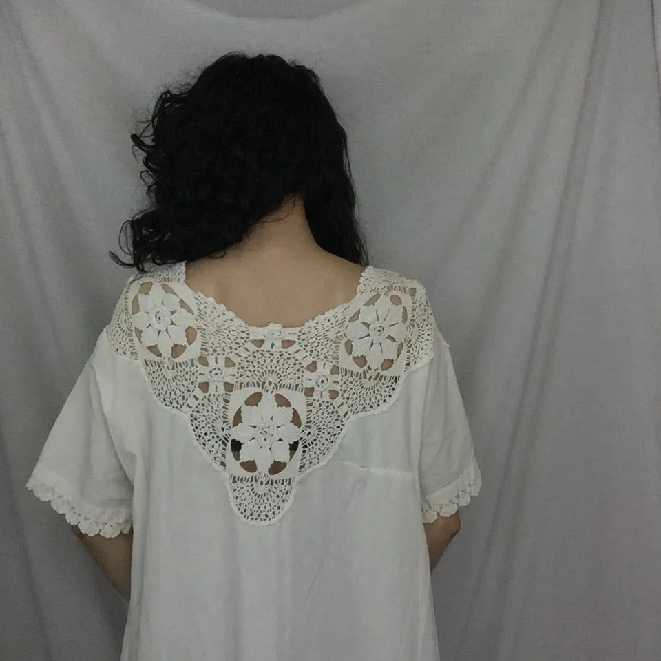 Vintage 70s | White Mexican Hippie Cotton Boho Hippie Crochet Dress | Free Size