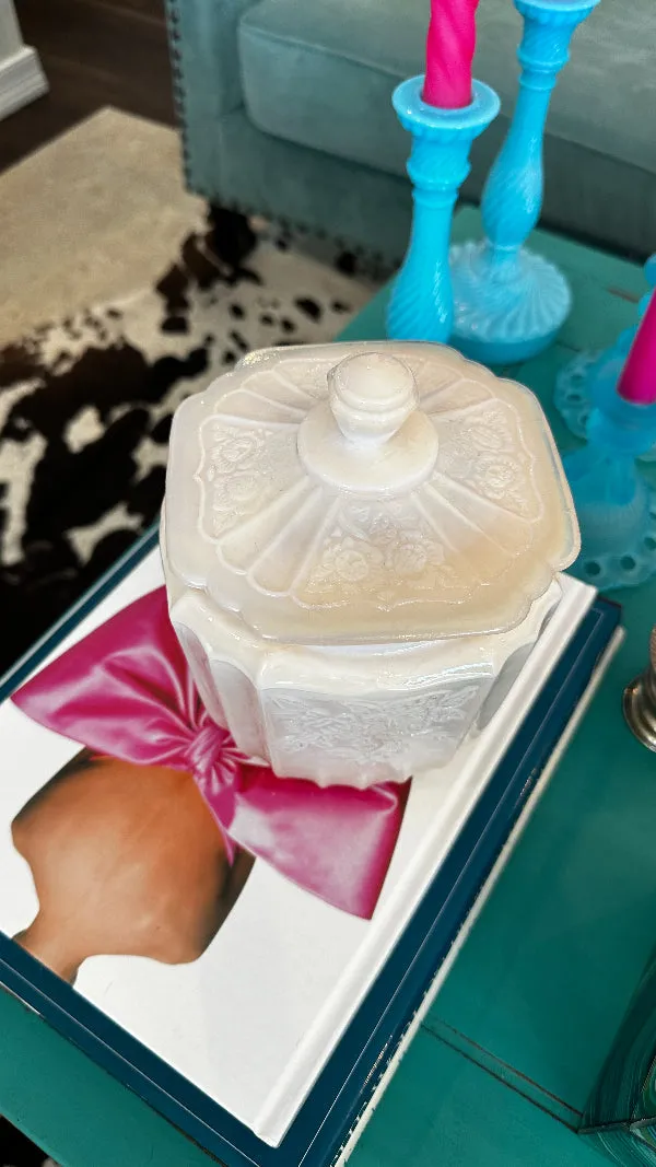 Vintage Biscuit Jar, Pink Milk glass, Opalescent, Lidded, Embossed Floral Pattern