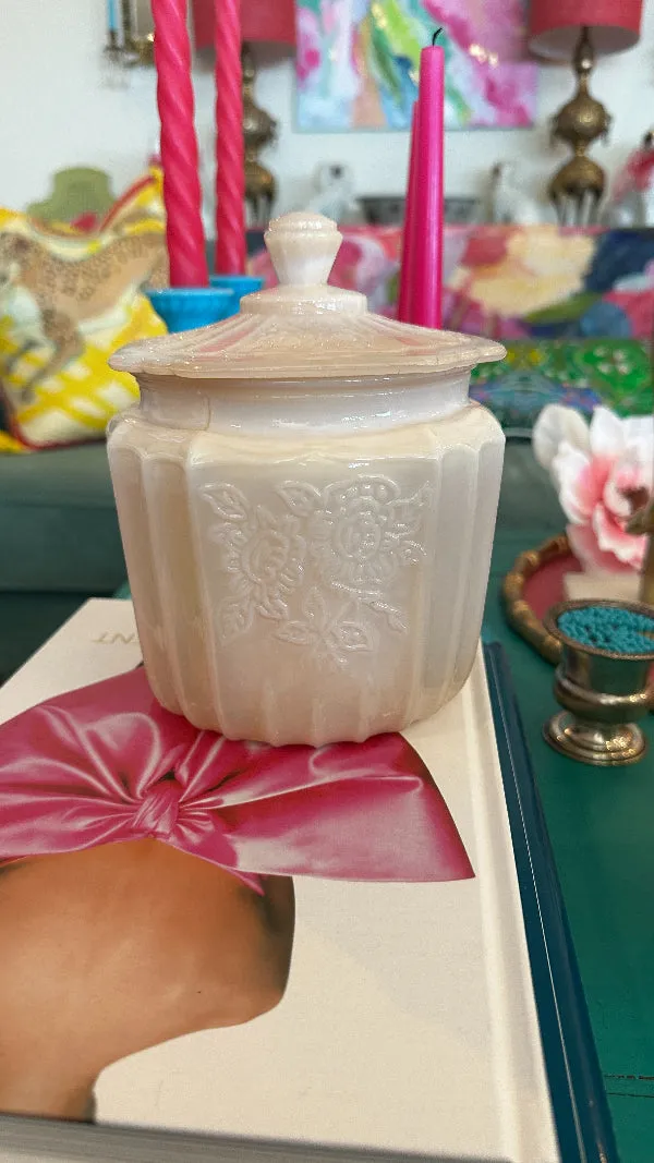 Vintage Biscuit Jar, Pink Milk glass, Opalescent, Lidded, Embossed Floral Pattern