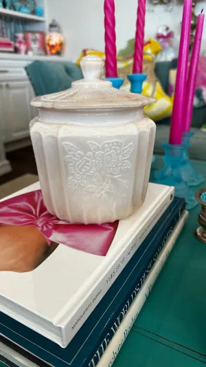Vintage Biscuit Jar, Pink Milk glass, Opalescent, Lidded, Embossed Floral Pattern