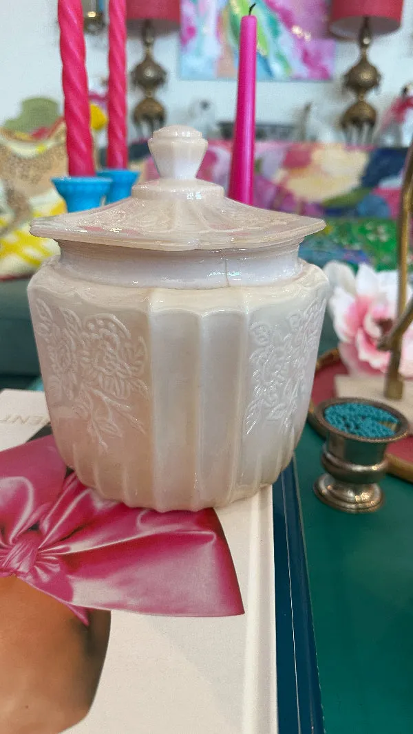 Vintage Biscuit Jar, Pink Milk glass, Opalescent, Lidded, Embossed Floral Pattern