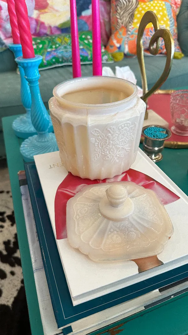 Vintage Biscuit Jar, Pink Milk glass, Opalescent, Lidded, Embossed Floral Pattern