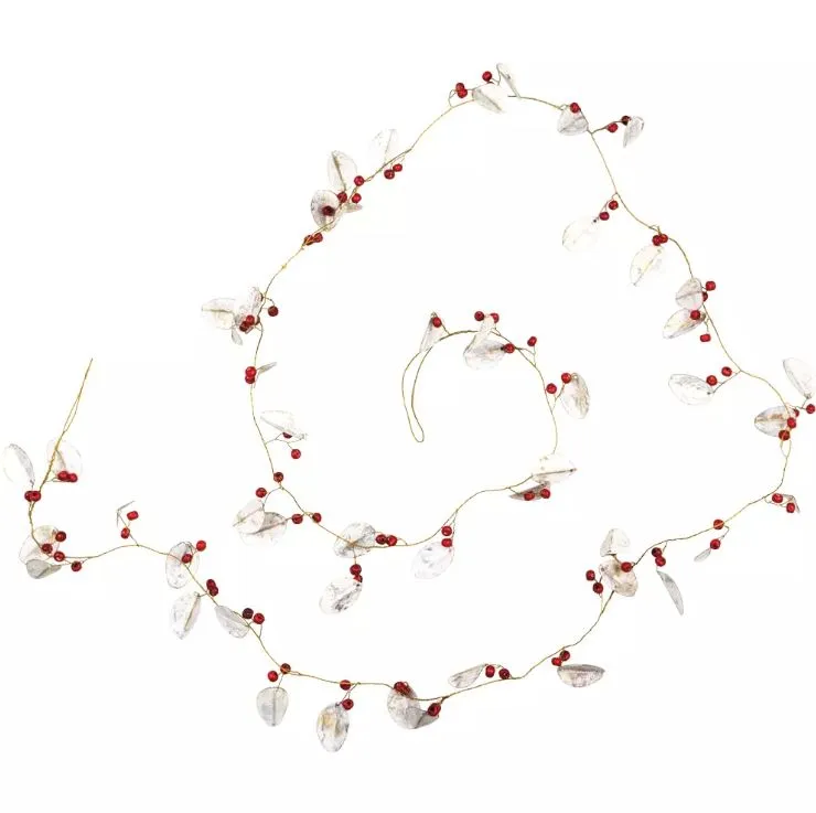White Leaves Garland with Red Wooden Berries