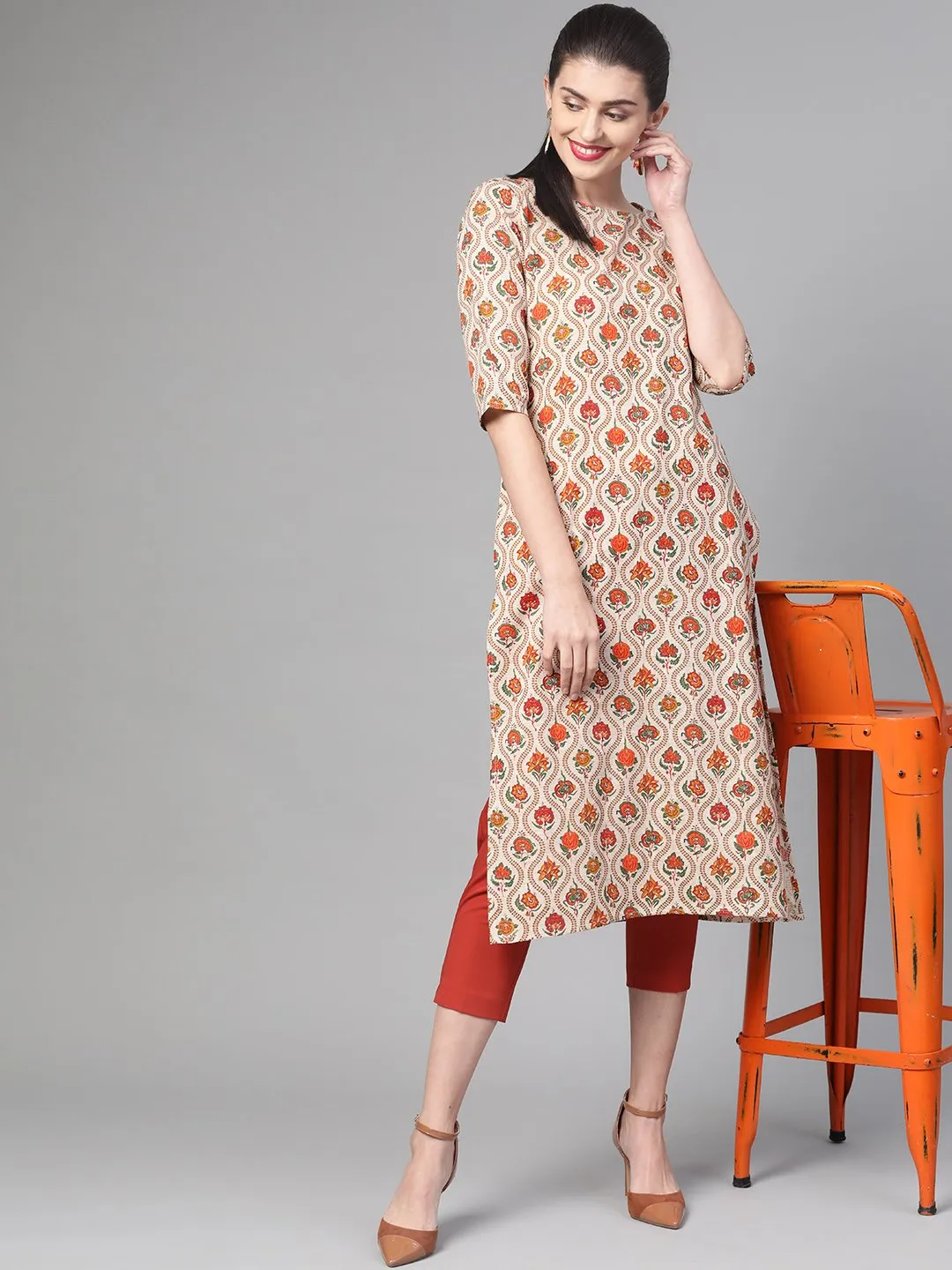 Women Cream & Orange Cotton Straight Floral Printed Kurta